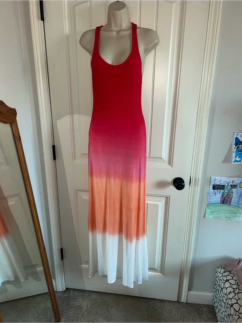 NWT Fraiche By J Sleeveless Ombre Maxi Dress in Red, Orange & White Sz S